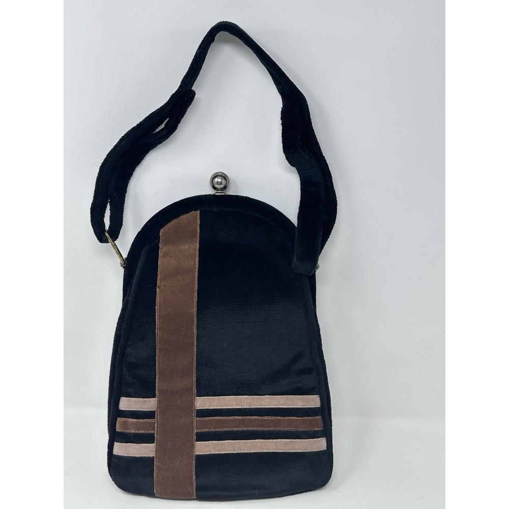 Vintage Lou Taylor Black Velvet Purse Brown Stripe Mod Shoulder Bag Retro 70s